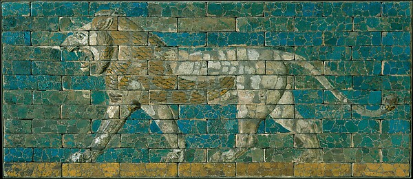 A glazed-brick panel with a striding lion from Babylon.