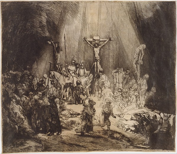 An etching of Jesus crucified between two others.