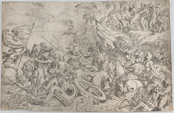 An engraving depicting the crossing of the Red Sea.