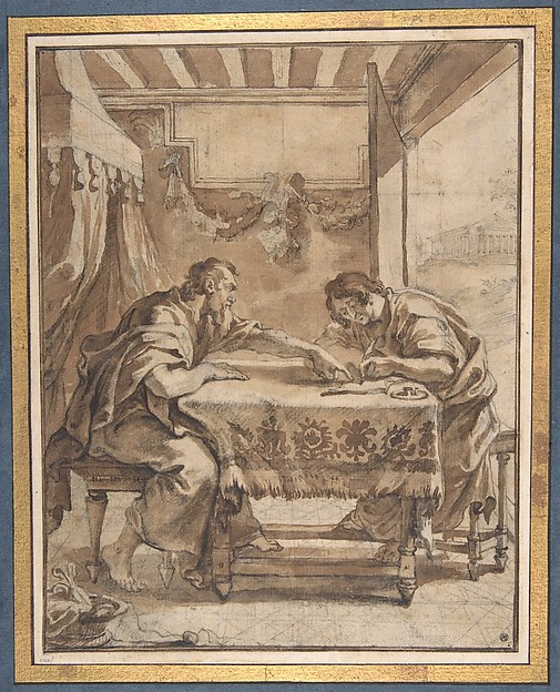 A seventeenth-century drawing of Paul dictating to a seated writer.